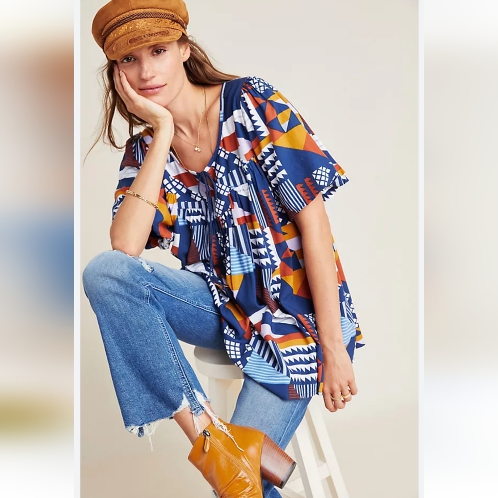 ❤️ NWOT! ANTHROPOLOGIE PORRIDGE VENTURA ABSTRACT BLUE ORANGE WHITE TOP, SMALL - Picture 2 of 11